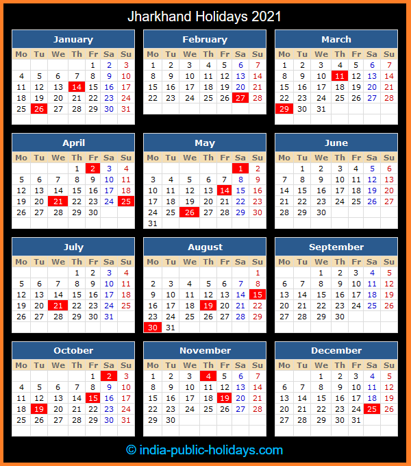 Jharkhand Holiday Calendar 2021